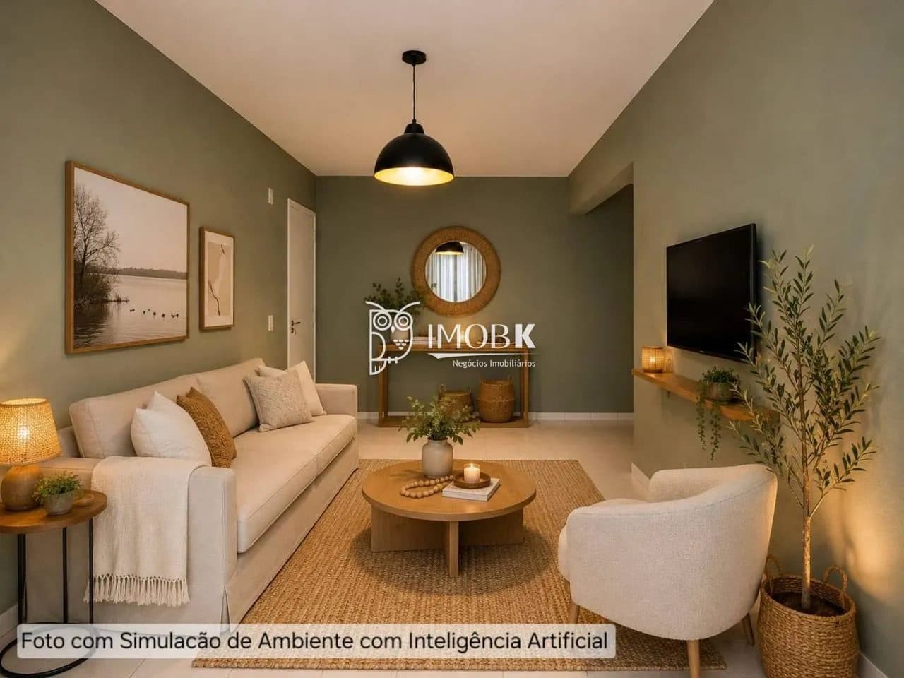 Sala de estar decorada com sofá bege, tapete, mesa de centro e TV.